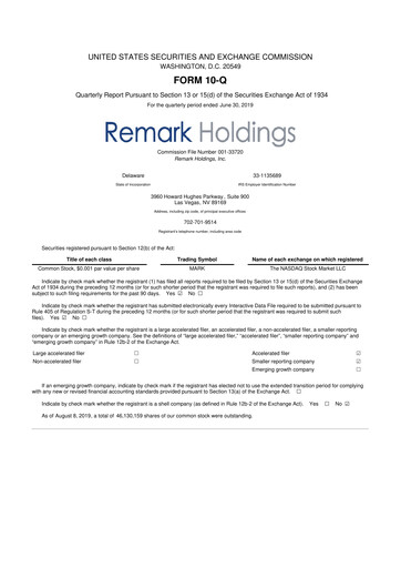 Thumbnail Remark Holdings 10-Q Quarterly Report FY2019 