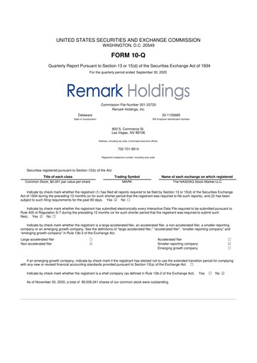 Thumbnail Remark Holdings 10-Q Quarterly Report FY2020 