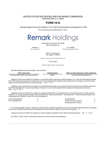 Thumbnail Remark Holdings 10-Q Quarterly Report FY2021 