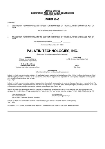 Thumbnail Palatin Technologies 10-Q Quarterly Report FY2012 