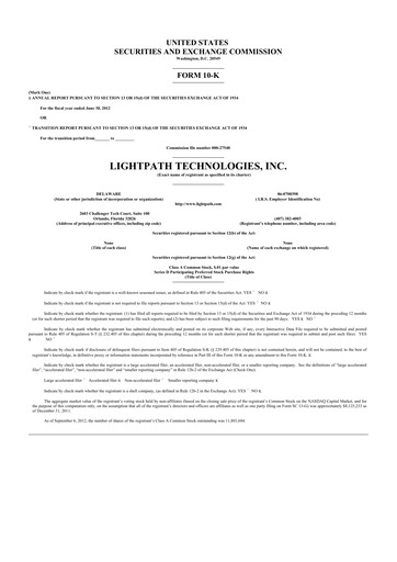 Thumbnail LightPath Technologies 10-K Annual Report 2012
