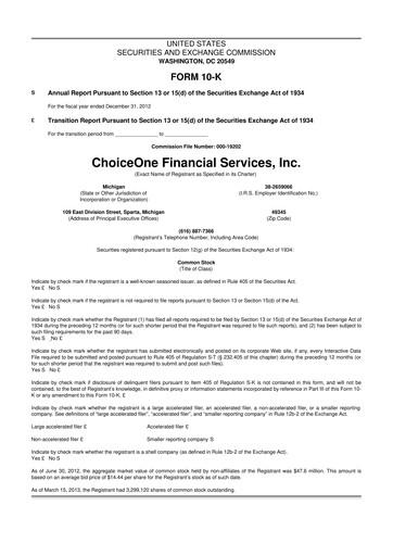 Vorschaubild ChoiceOne Financial Services 10-K Jahresbericht 2012