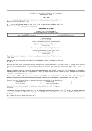 Thumbnail Where Food Comes From 10-K Annual Report 2013