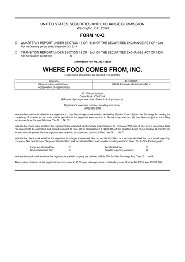 Thumbnail Where Food Comes From 10-Q Quarterly Report FY2014 