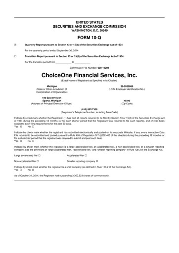 Vorschaubild ChoiceOne Financial Services 10-Q Quartalsbericht 2014 