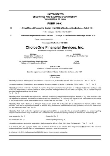 Vorschaubild ChoiceOne Financial Services 10-K Jahresbericht 2014