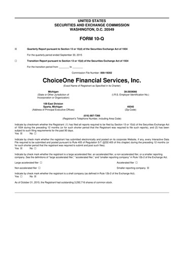 Vorschaubild ChoiceOne Financial Services 10-Q Quartalsbericht 2015 