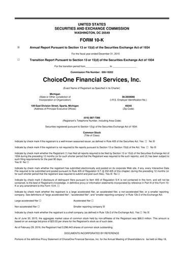 Vorschaubild ChoiceOne Financial Services 10-K Jahresbericht 2015