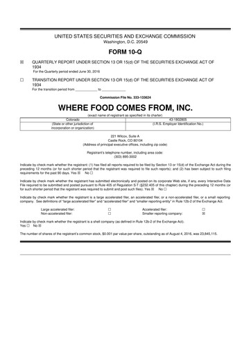 Thumbnail Where Food Comes From 10-Q Quarterly Report FY2016 