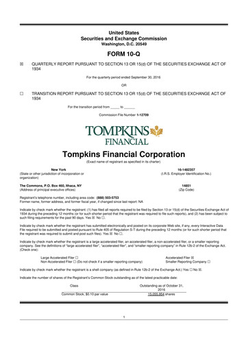 Thumbnail Tompkins Financial 10-Q Quarterly Report FY2016 