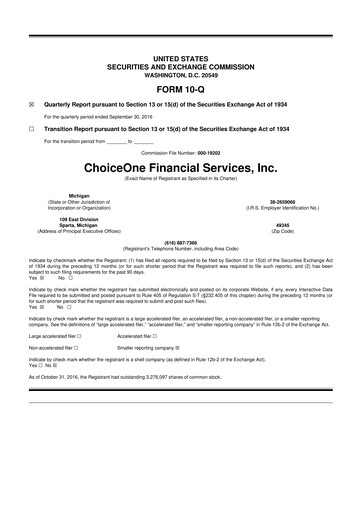 Vorschaubild ChoiceOne Financial Services 10-Q Quartalsbericht 2016 
