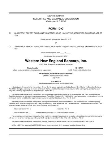 Thumbnail Western New England Bancorp 10-Q Quarterly Report FY2017 