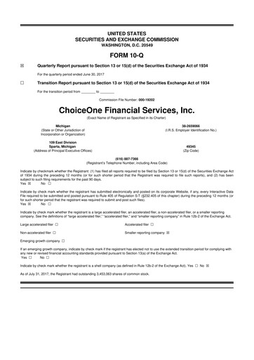 Vorschaubild ChoiceOne Financial Services 10-Q Quartalsbericht 2017 