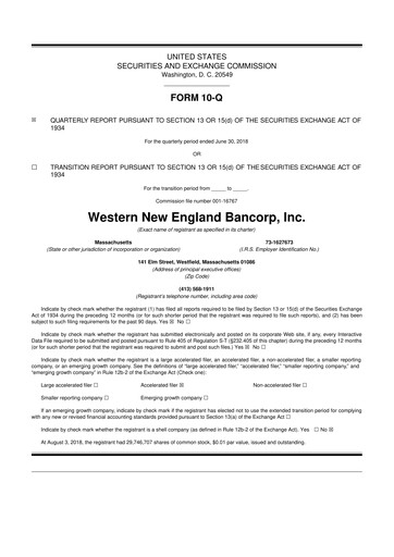 Thumbnail Western New England Bancorp 10-Q Quarterly Report FY2018 