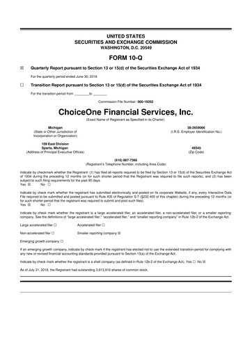 Vorschaubild ChoiceOne Financial Services 10-Q Quartalsbericht 2018 