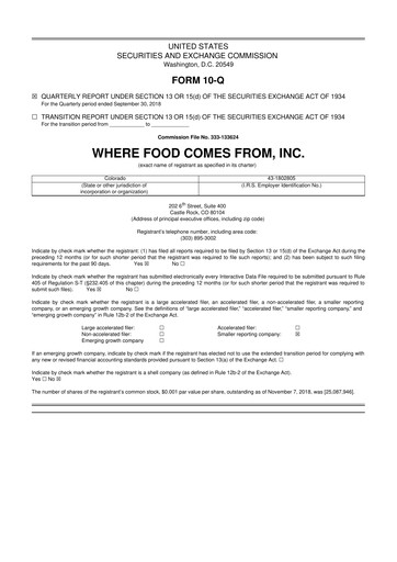 Thumbnail Where Food Comes From 10-Q Quarterly Report FY2018 