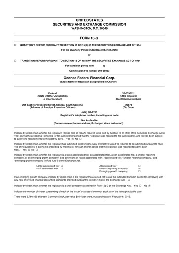 Thumbnail Oconee Federal Financial 10-Q Quarterly Report FY2019 