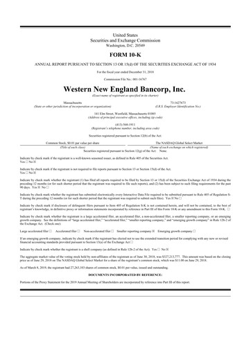 Thumbnail Western New England Bancorp 10-K Annual Report 2018