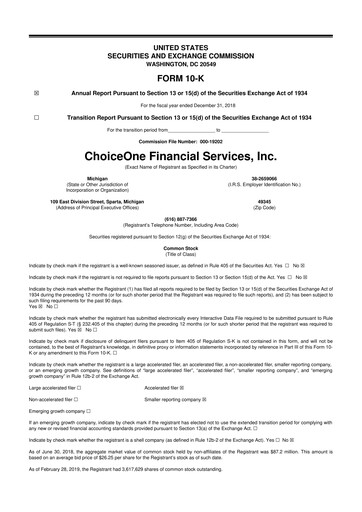 Vorschaubild ChoiceOne Financial Services 10-K Jahresbericht 2018