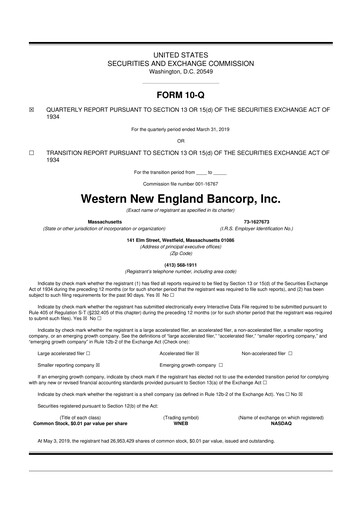 Thumbnail Western New England Bancorp 10-Q Quarterly Report FY2019 