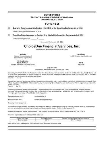 Vorschaubild ChoiceOne Financial Services 10-Q Quartalsbericht 2019 