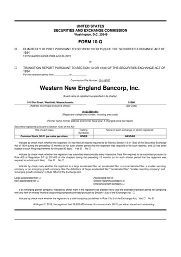 Thumbnail Western New England Bancorp 10-Q Quarterly Report FY2019 