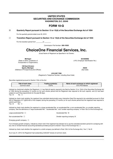 Vorschaubild ChoiceOne Financial Services 10-Q Quartalsbericht 2019 