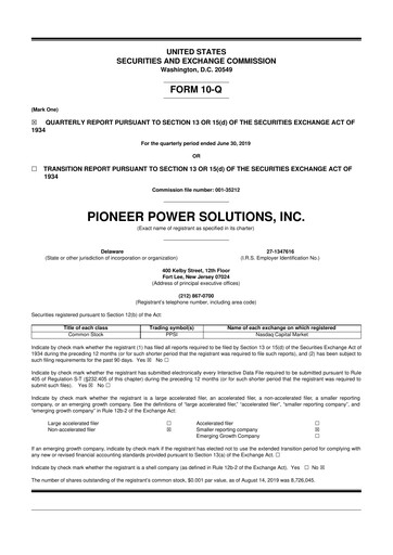 Thumbnail Pioneer Power Solutions 10-Q Quarterly Report FY2019 
