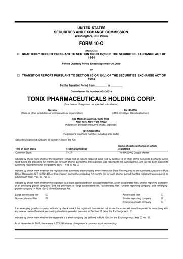 Thumbnail Tonix Pharmaceuticals 10-Q Quarterly Report FY2019 