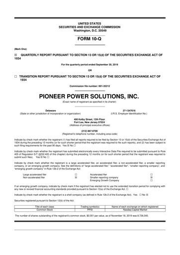 Thumbnail Pioneer Power Solutions 10-Q Quarterly Report FY2019 