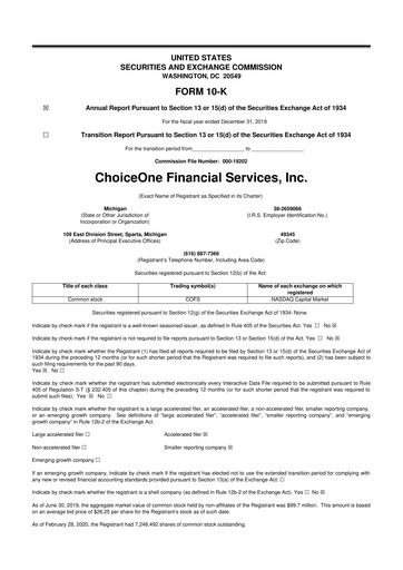 Vorschaubild ChoiceOne Financial Services 10-K Jahresbericht 2019