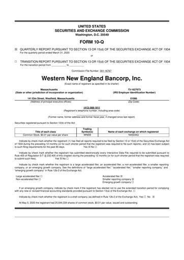 Thumbnail Western New England Bancorp 10-Q Quarterly Report FY2020 