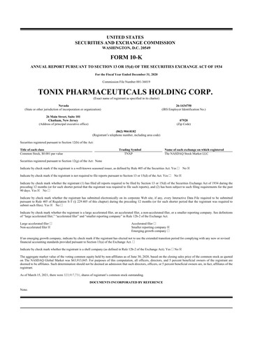 Thumbnail Tonix Pharmaceuticals 10-K Annual Report 2020