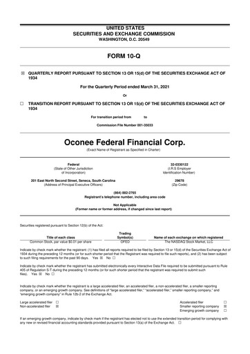 Thumbnail Oconee Federal Financial 10-Q Quarterly Report FY2021 