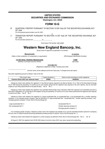 Thumbnail Western New England Bancorp 10-Q Quarterly Report FY2021 