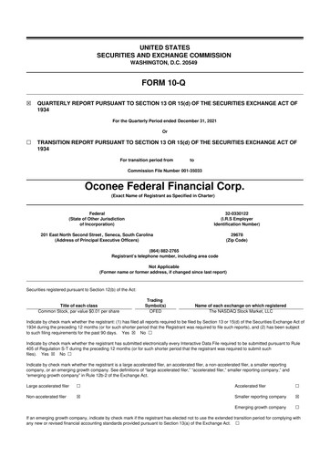 Thumbnail Oconee Federal Financial 10-Q Quarterly Report FY2021 