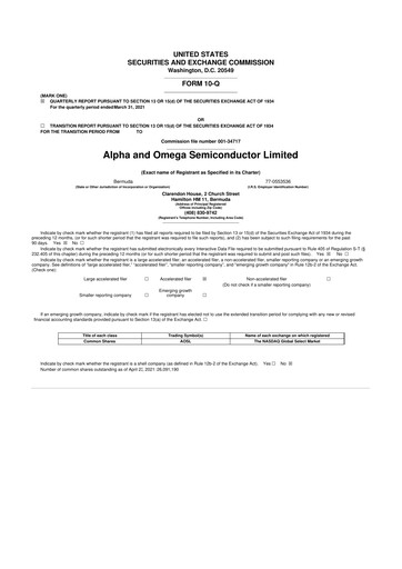 Miniature Alpha & Omega Semiconductor 10-Q Rapport trimestriel  