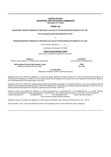 Thumbnail Targa Resources
 10-Q Quarterly Report FY2011 