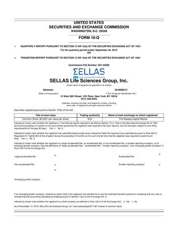 Miniature SELLAS Life Sciences 10-Q Rapport trimestriel 2019 