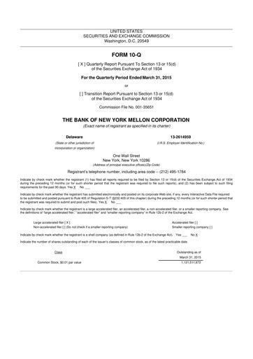 Thumbnail BNY Mellon (Bank of New York Mellon) 10-Q Quarterly Report FY2015 