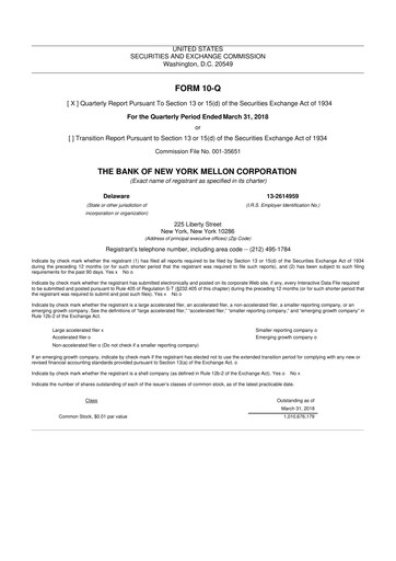 Thumbnail BNY Mellon (Bank of New York Mellon) 10-Q Quarterly Report FY2018 