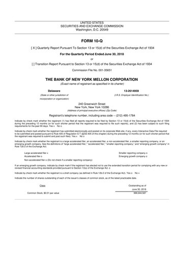 Thumbnail BNY Mellon (Bank of New York Mellon) 10-Q Quarterly Report FY2018 