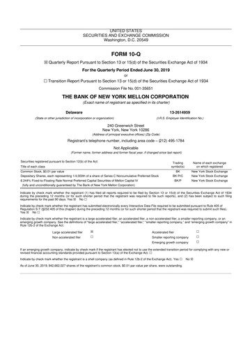 Thumbnail BNY Mellon (Bank of New York Mellon) 10-Q Quarterly Report FY2019 