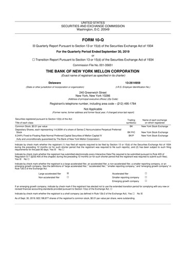 Thumbnail BNY Mellon (Bank of New York Mellon) 10-Q Quarterly Report FY2019 