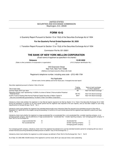 Thumbnail BNY Mellon (Bank of New York Mellon) 10-Q Quarterly Report FY2020 