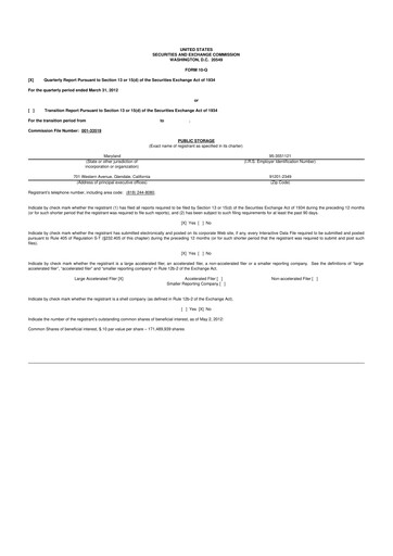 Thumbnail Public Storage 10-Q Quarterly Report FY2012 