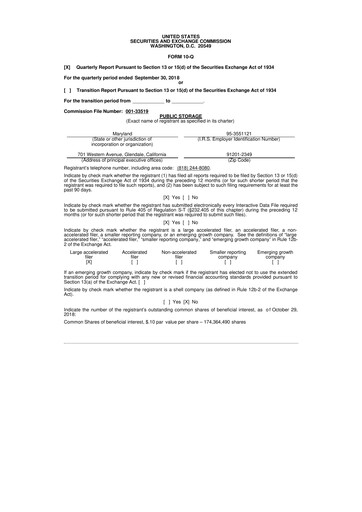 Thumbnail Public Storage 10-Q Quarterly Report FY2018 
