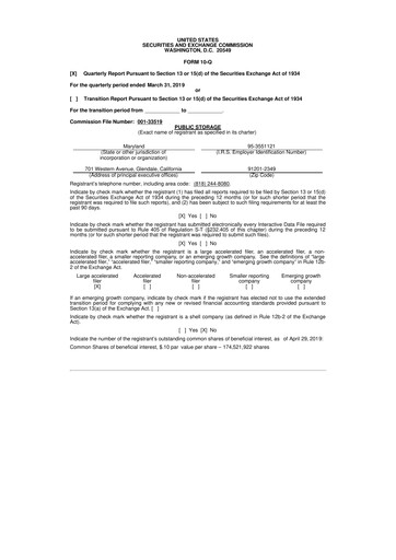 Thumbnail Public Storage 10-Q Quarterly Report FY2019 