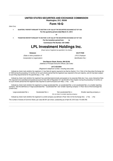 Thumbnail LPL Financial
 10-Q Quarterly Report FY2012 