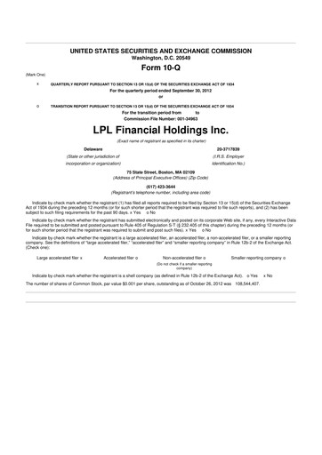 Thumbnail LPL Financial
 10-Q Quarterly Report FY2012 